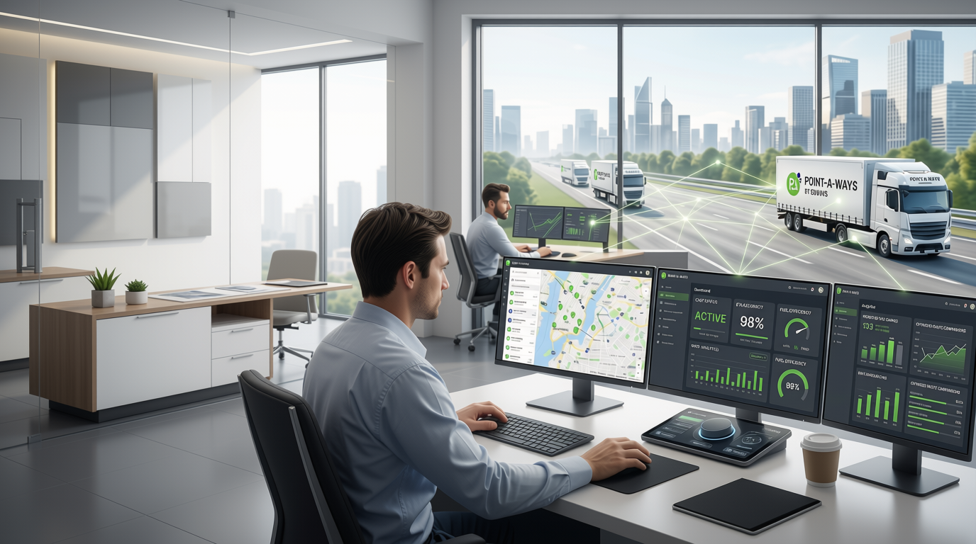เจ้าหน้าที่ควบคุมงานขนส่งนั่งดูแดชบอร์ด Point-A-Ways ในออฟฟิศ พร้อมรถขนส่ง DBWays วิ่งบนถนนด้านนอก